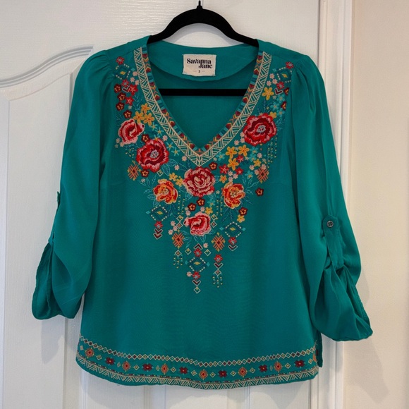 Savanna Jane Tops - Savanna Jane Turquoise Floral Embroidered Blouse